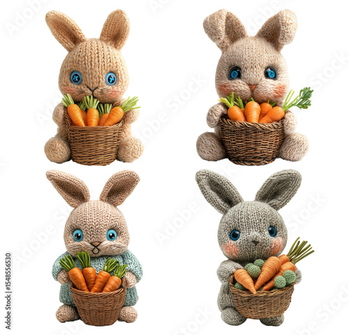 Cute Handmade Bunny Dolls with Carrots in Wicker Baskets for Spring Decor