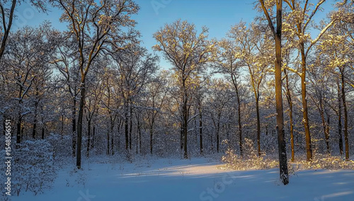 Wallpaper Mural A quiet winter forest with tall snow-covered trees, softly lit by warm, soft sunlight streaming through bare branches, creating a tranquil atmosphere. Torontodigital.ca