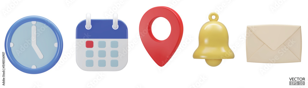 Fototapeta premium 3D Date, time, address, notification bell and mail icon set. 3D vector illustration