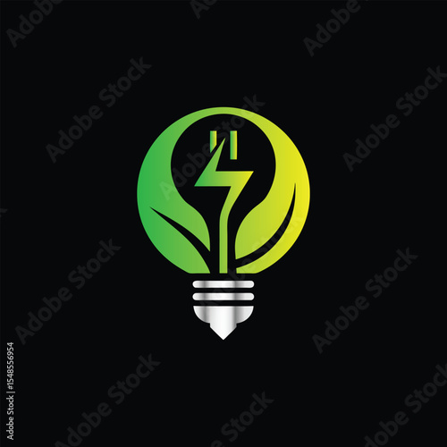 Green eco energy symbol with leaf and electric plug ,  bulb. Vector illustration. Creative eco energy logo design template. Green eco power plug with leaf. Vector illustration on black background.