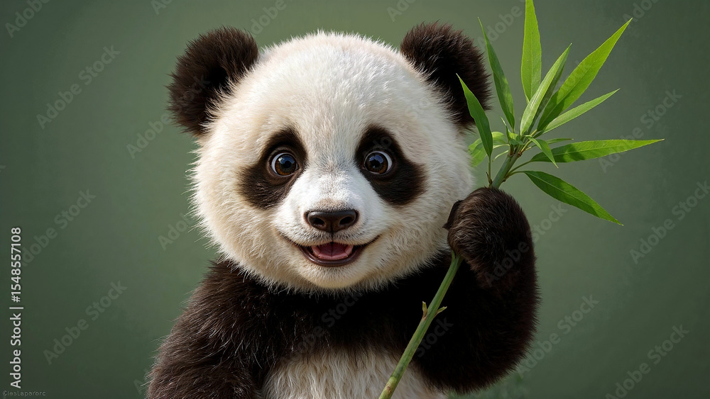 Fototapeta premium Charming cartoon panda cub holding bamboo sprig