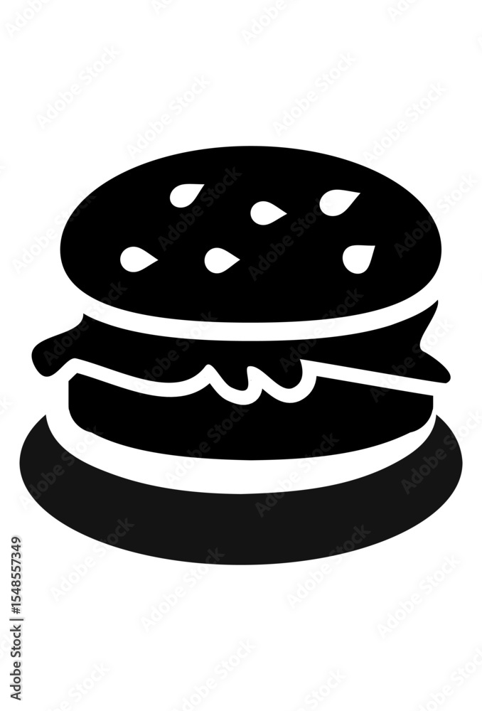 Black silhouette of a classic hamburger with sesame seeds.
Stylized burger icon, simple, solid, representing fast food.
Graphic illustration of a layered sandwich, perfect for menus.
Black silhouette of a classic hamburger with sesame seeds.
Stylized burger icon, simple, solid, representing fast food.
Graphic illustration of a layered sandwich, perfect for menus.
