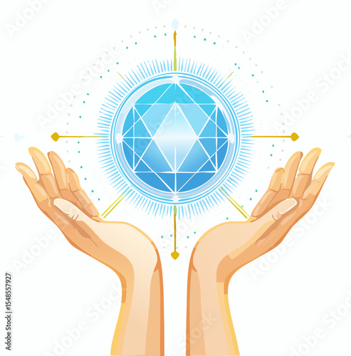 Healing hands and glowing aura vector, sacred geometry background
