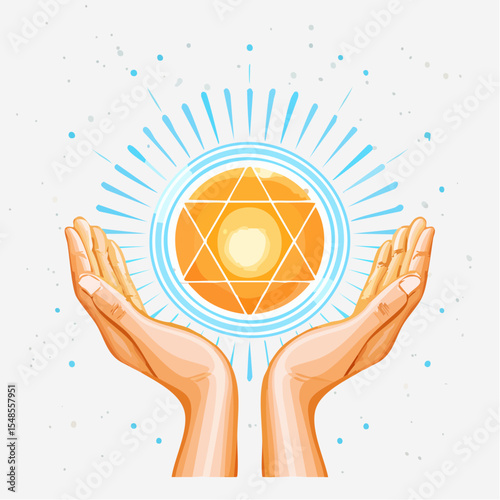 Healing hands and glowing aura vector, sacred geometry background