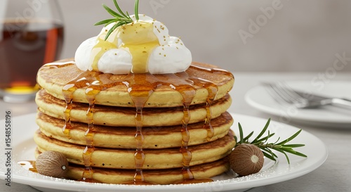 Indulge in the Warmth of Autumn: A Stack of Buttery Pancakes Topped with Creamy Whipped Cream, Drizzled Honey, and a Sprig of Rosemary
