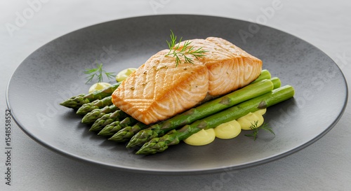 Indulge in this exquisite culinary masterpiece: pan-seared salmon fillet, artfully arranged atop tender asparagus spears