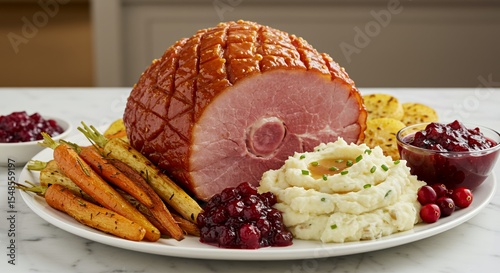 Indulge in this delectable holiday feast featuring a glistening glazed ham, creamy mashed potatoes, vibrant roasted root vegetables, and tangy cranberry sauce.