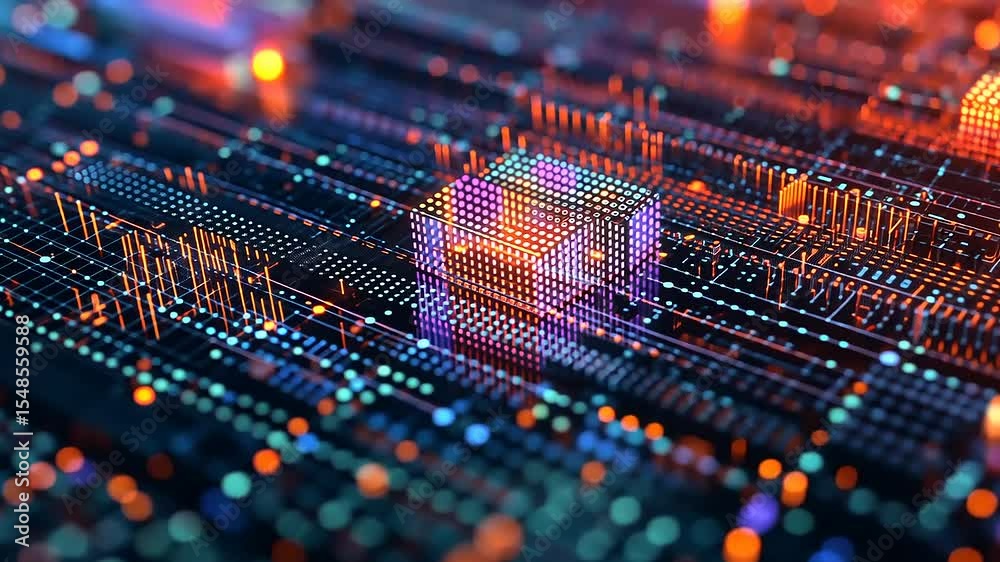 Abstract digital data visualization with vibrant colors depicting interconnected circuits and nodes