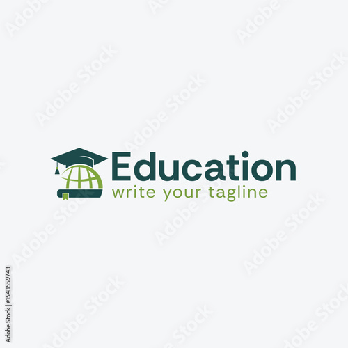 Global Academic Success: Modern Education Secondary Logo Design with Graduation Cap, Book, and World Globe Icon