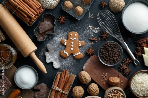 Gingerbread cookie surrounded by baking ingredients and spices on a dark surface, with a rolling pin and whisk nearby.