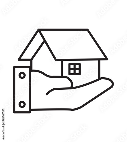 Hand holding house icon, line symbol sign, isolated on white background, vector illustration.