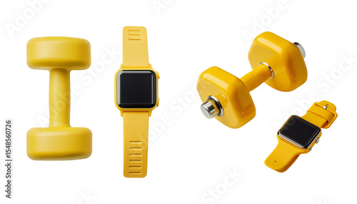 Yellow Dumbbells and Smartwatch on Stylish Background for Fitness or Exercise
