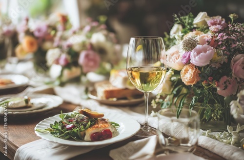 Elegant table setting with a glass of white wine, a plate of salad and rolled dish, and beautiful floral arrangements creating a warm, inviting atmosphere.