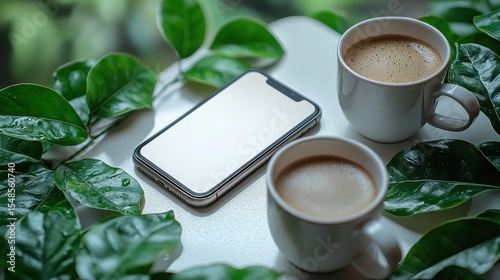 Cozy and productive workspace setup with laptop coffee mug and lush green plants creating a refreshing and inspiring environment for remote work freelance or office routine