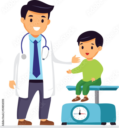 Flat illustration of a pediatrician examining a baby on a scale, healthcare concept