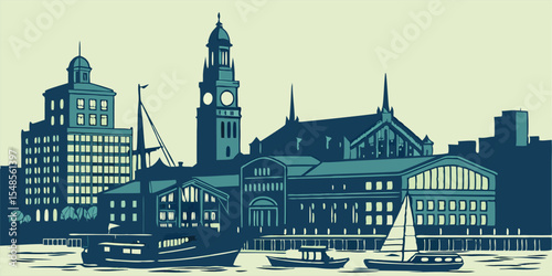 Bridgeport skyline silhouette with P.T. Barnum Museum, waterfront harbor buildings, and New England city elements.