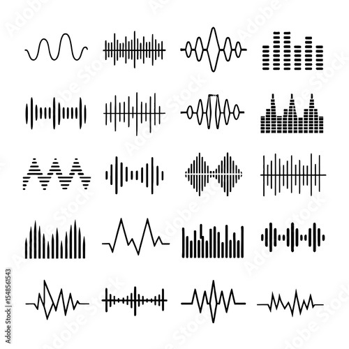 Dynamic Soundwaves: A collection of varied sound wave forms, illustrating the dynamic nature of audio signals, each line reflecting a unique acoustic character, perfect for music and tech concepts.