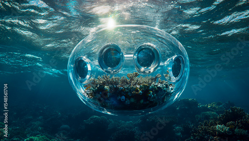 A transparent, circular plastic device with evenly spaced holes, floating gently on the calm surface of the ocean in natural light.
