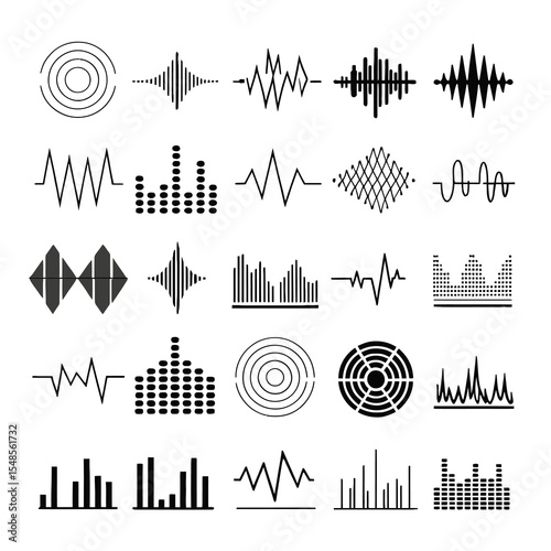 Sound Wave Icons: A collection of sound wave icons with a variety of waveform shapes, providing a versatile set of design elements for audio and communication related projects.