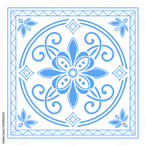 Ornate Tile Design: A close-up perspective of a singular, intricately patterned tile. Showcasing a symphony of blue floral details and circular and geometric shapes.