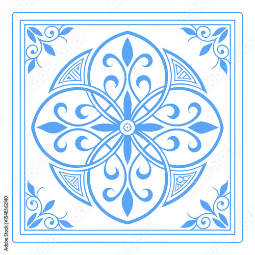 Blue Floral Tile Pattern: Elegant light blue floral design tile, perfect for home decor, with a classic symmetrical pattern and intricate details. 