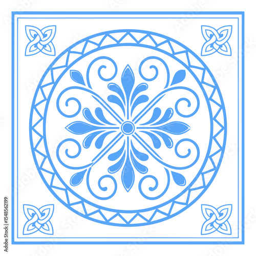 Celestial Pattern: An elegant, symmetrical design in cool, calming shades of blue, composed of intricate floral and geometric elements, evoking a sense of balance and tranquility. 