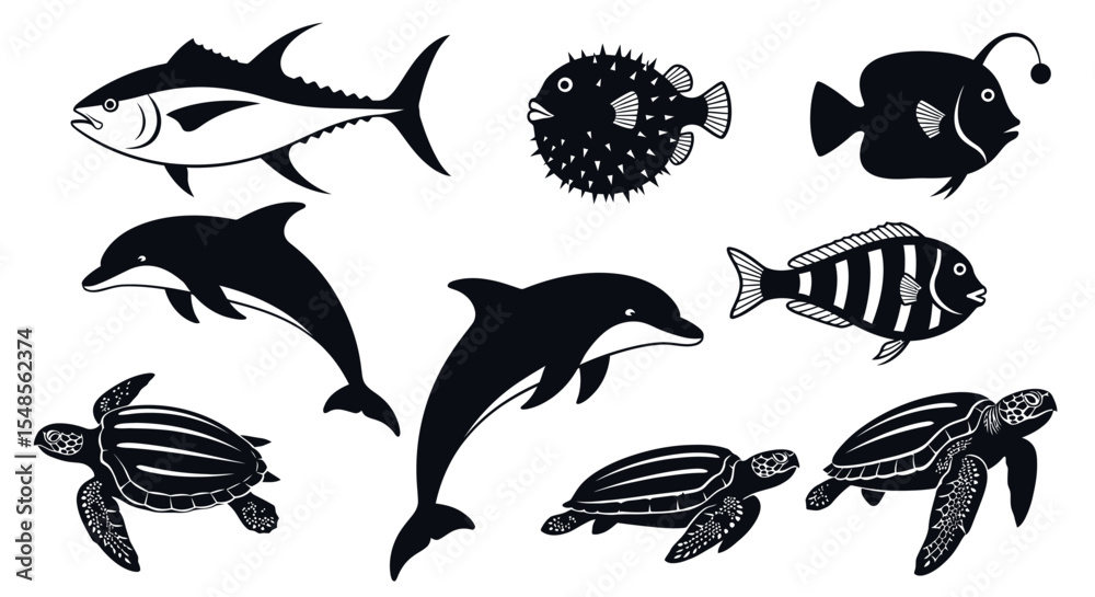 Naklejka premium Sea Animal Silhouettes Vector Set – Fish, Dolphins, Turtles