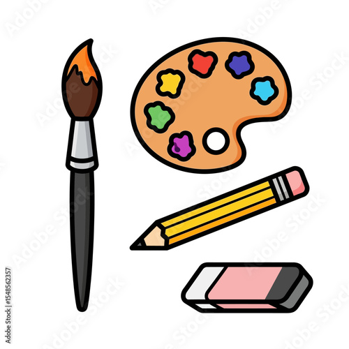 Creative Art Tools Icon Set – Brush, Palette, Pencil, Eraser