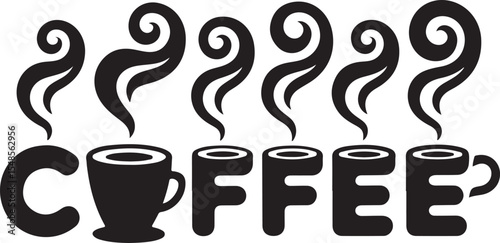 This image features stylized coffee-cup illustrations, including steaming cups, mugs, and "Coffee" text with decorative swirls. 