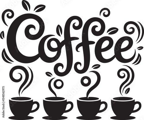 This image features an array of stylized coffee-related illustrations, including steaming cups, mugs, and "Coffee" text with decorative swirls. 