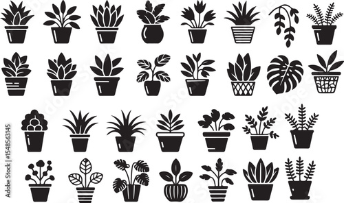a diverse collection of potted houseplants and decorative foliage in silhouette form, suitable for various indoor and outdoor garden designs.