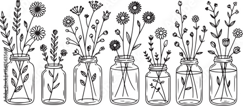 A charming collection of various wildflowers in mason jars, rendered in detailed line art.