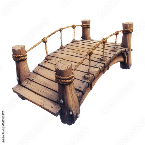 Rustic Wooden Bridge with Rope Railings Against a Transparent Background