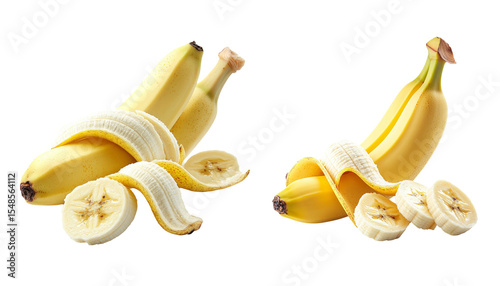 Fresh and Healthy Bananas with Slices and Peels on White Background