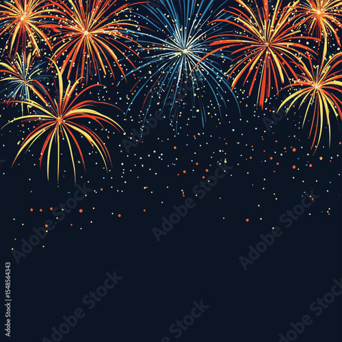 Fireworks background, colorful New Year celebration border, vector style simple color