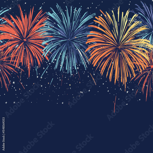 Fireworks background, colorful New Year celebration border, vector style simple color