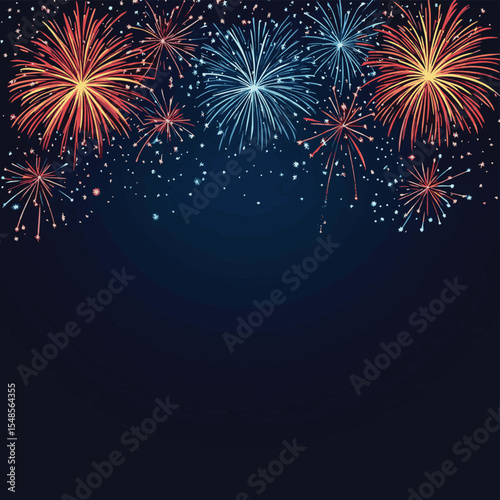 Fireworks background, colorful New Year celebration border, vector style simple color