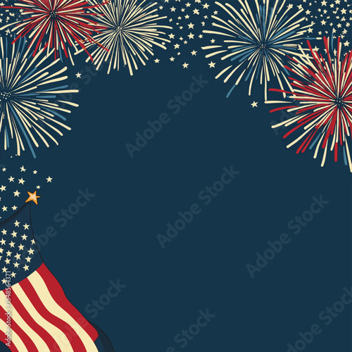 4th of July background, USA flag, fireworks and copy space, vector style simple color