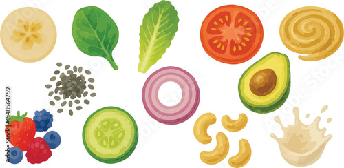 Fresh Plant-Based Ingredients in Loose Watercolor Style - Colorful Raw Vegan Food Elements with Clean Organic Look | Generative AI