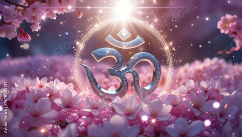 Sacred Om Symbol Amidst Blossoms: The Om symbol shimmers amid a serene, radiant display of cherry blossoms and delicate pink hues.
