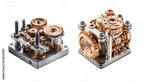 Detailed and Elegant Mechanical Gears in Silver and Copper on White Background