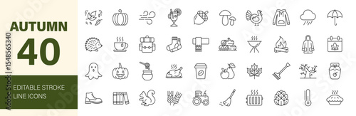 Autumn icon set. Containing season, fall, Halloween, Thanksgiving Day, pumpkin, turkey, falling leaves, mulled wine, maple leaf, rain and more. Editable line icons. Vector illustration.