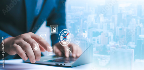 Businessman showing virtual target icon for business purpose, strategic planning for business growth and target customer group. Set business objectives goals, value, growth.	
