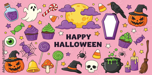Halloween cute element set. Hat, ghost, bat, candy, fun pumpkins, witch's cauldron, spider. Perfect for stickers, greeting card, party invitation, poster. Hand drawn flat vector illustration. 