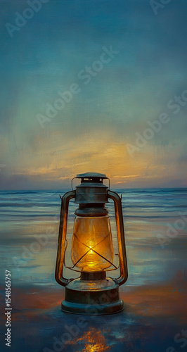 An ancient lantern resting on a sandy beach casts a warm, glowing light over an empty shore at sunset, evoking themes of solitude, peaceful reflection, and nostalgic tranquility.