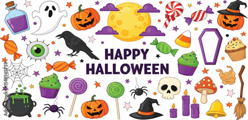 Halloween cute element set. Hat, ghost, bat, candy, fun pumpkins, witch's cauldron, spider. Perfect for stickers, greeting card, party invitation, poster. Hand drawn flat vector illustration. 