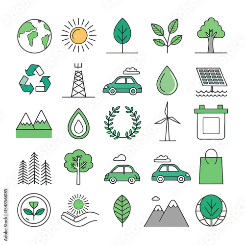 Eco-Icons: A collection of hand-drawn eco-icons. From recycling symbols to green energy, sustainable symbols, plants and more.