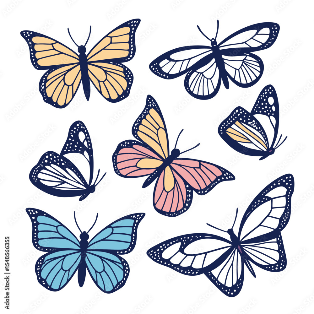 Obraz premium Collection of Fluttering Beauties: A captivating assortment of vibrant butterflies, each a masterpiece of nature's artistry, showcasing an array of colors and intricate patterns in flight.