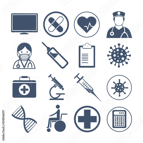Medical Icons: a collection of essential medical icons against a background of medical equipment, symbolic of healthcare, treatment, and well-being. Featuring a stethoscope, syringe, medicine.