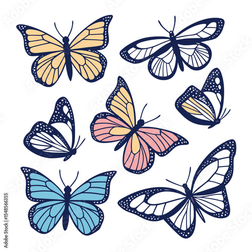 Collection of Fluttering Beauties: A captivating assortment of vibrant butterflies, each a masterpiece of nature's artistry, showcasing an array of colors and intricate patterns in flight.